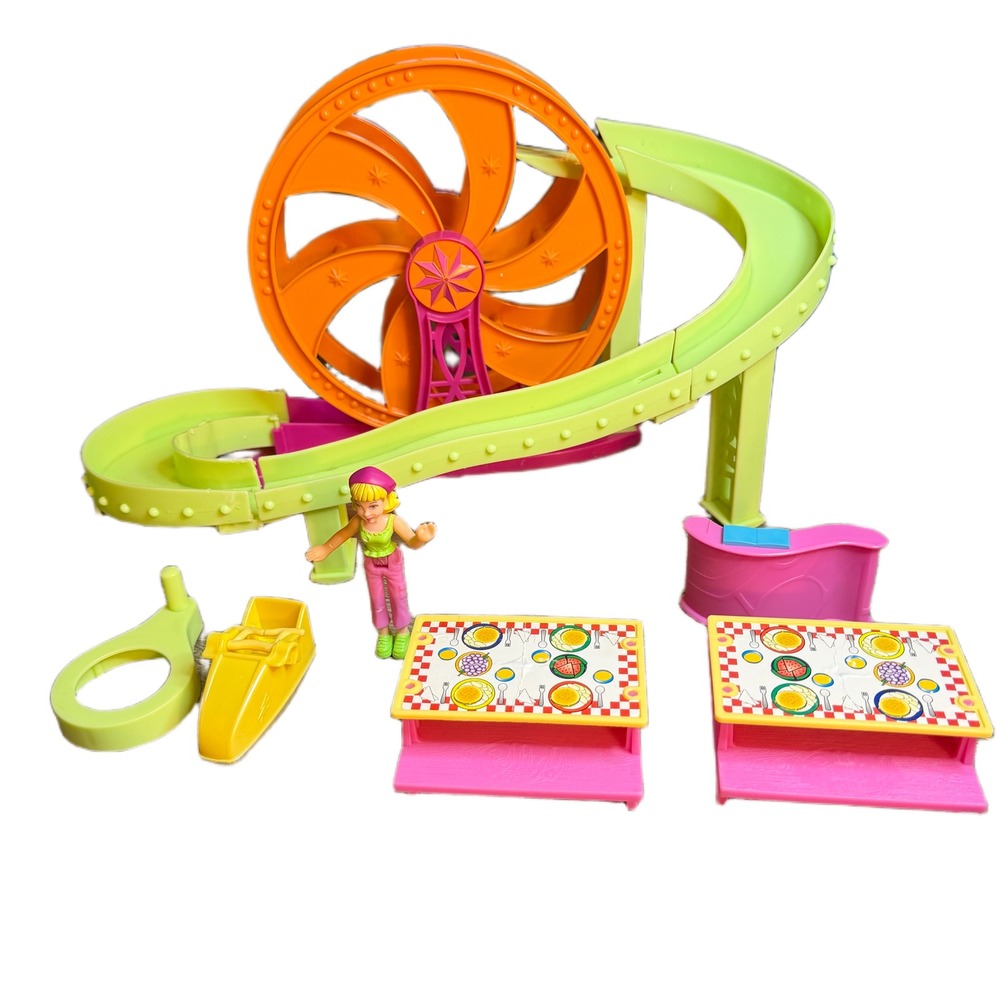 Vintage Polly Pocket Ferris Wheel Playset Orange Green Pink with Doll & Tables